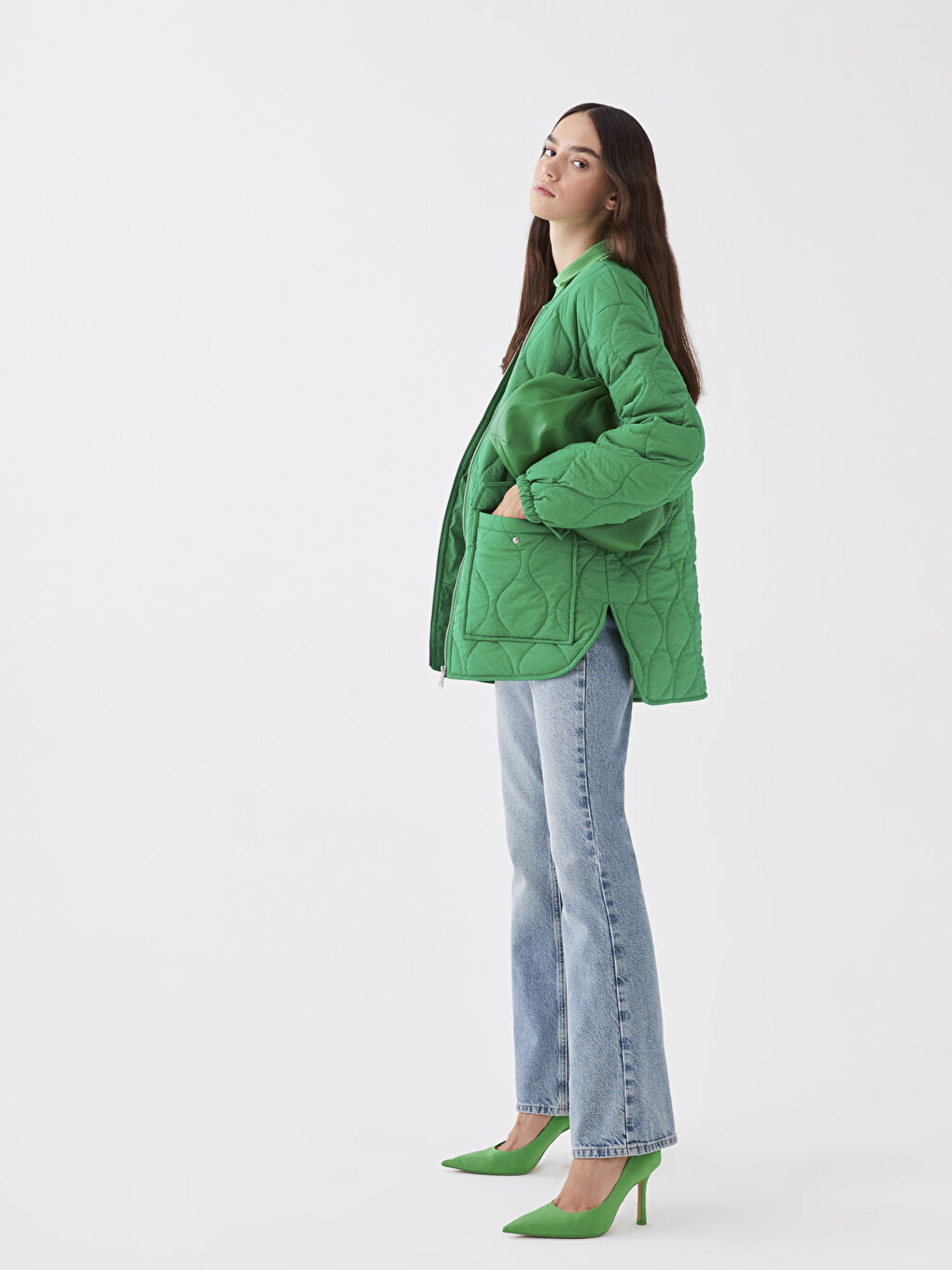 Yeşil Bisiklet Yaka Kendinden Desenli Kadın Şişme Mont-7