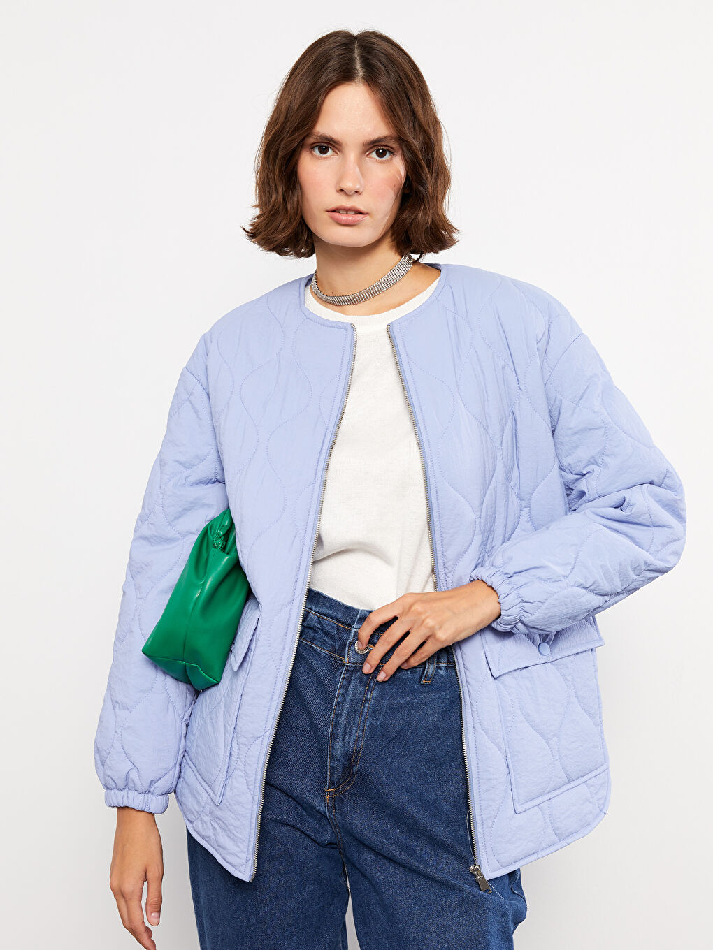 Mavi Bisiklet Yaka Kendinden Desenli Kadın Şişme Mont