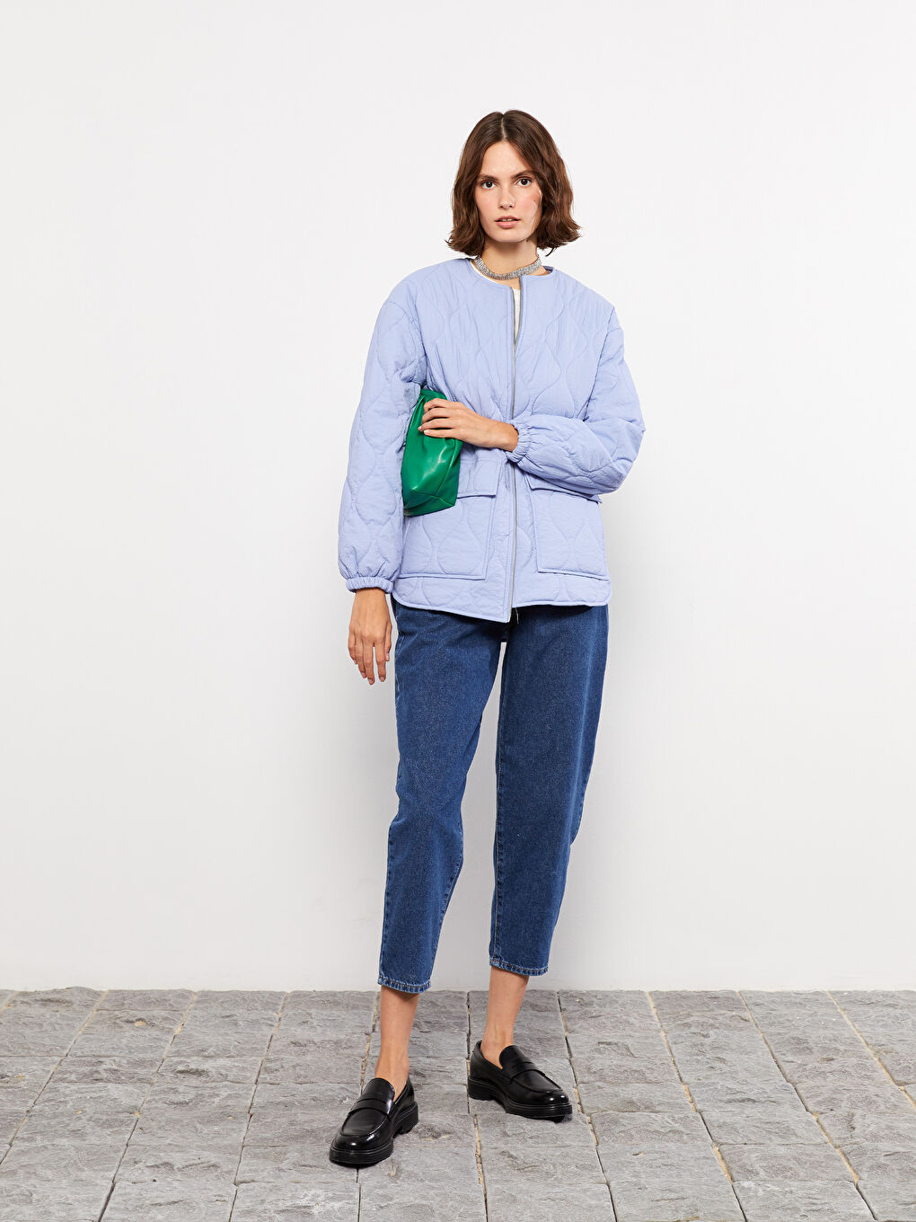 Mavi Bisiklet Yaka Kendinden Desenli Kadın Şişme Mont-1