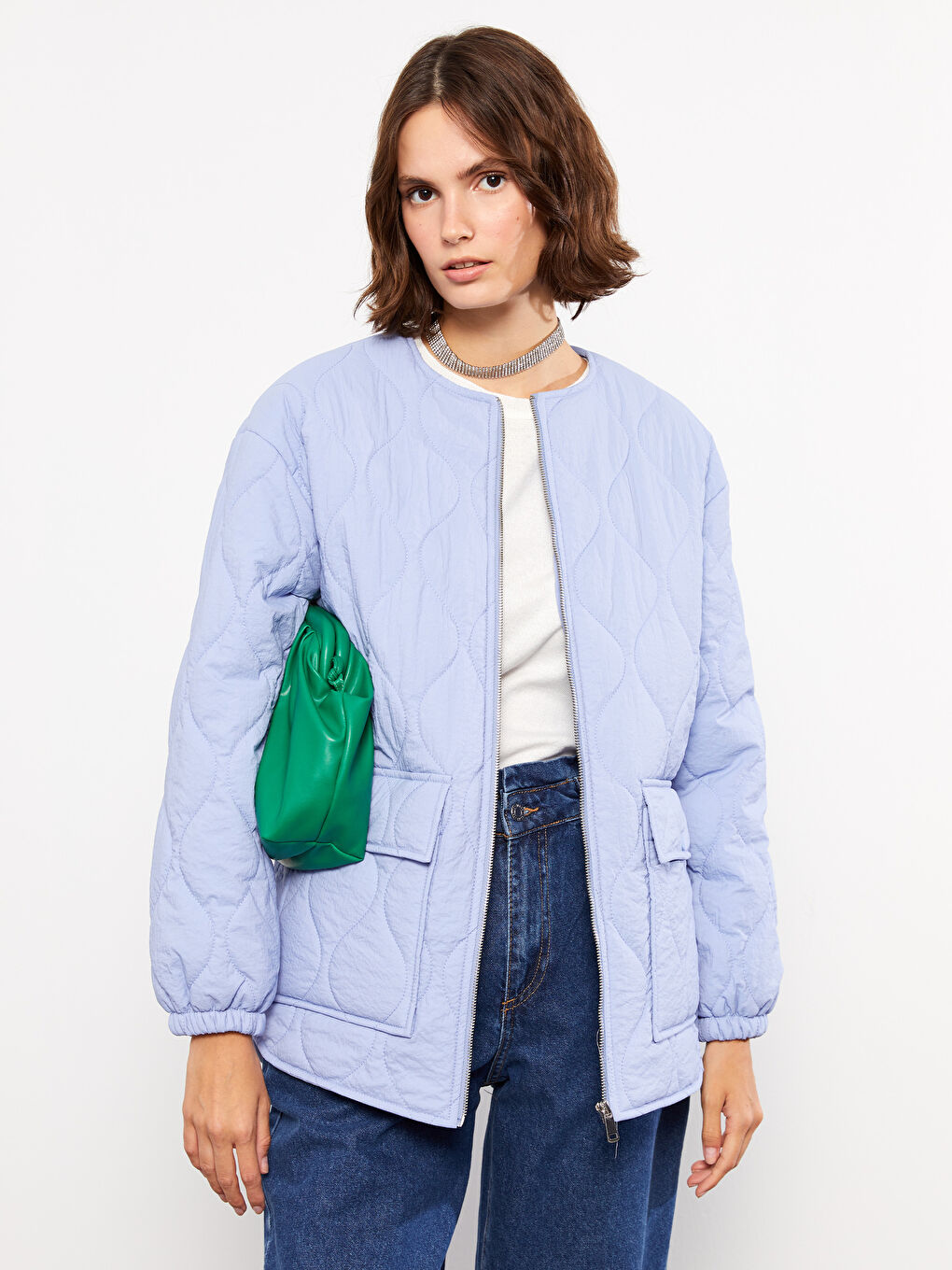 Mavi Bisiklet Yaka Kendinden Desenli Kadın Şişme Mont-2