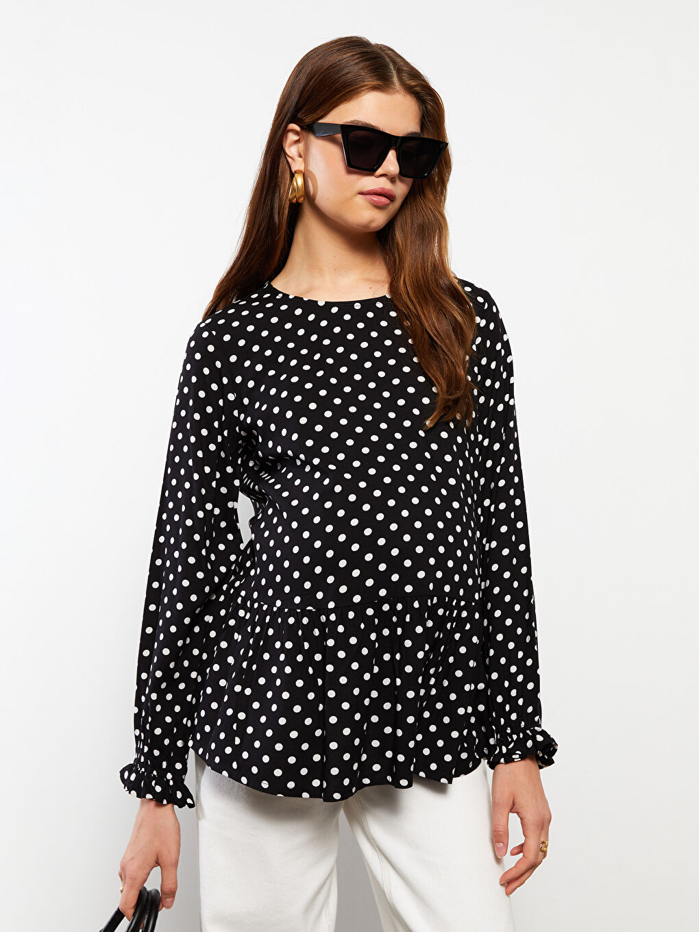 Блузка для беременных в горошек с круглым вырезом и длинными рукавами-2