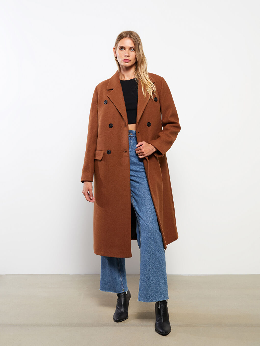 Kahverengi Ceket Yaka Kadın Kaşe Kaban-1