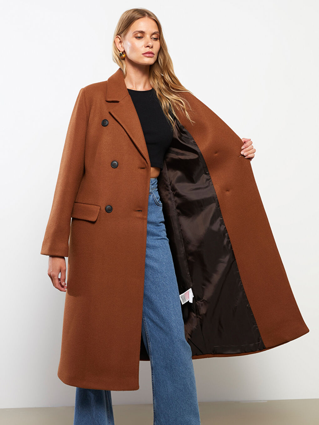 Kahverengi Ceket Yaka Kadın Kaşe Kaban-2