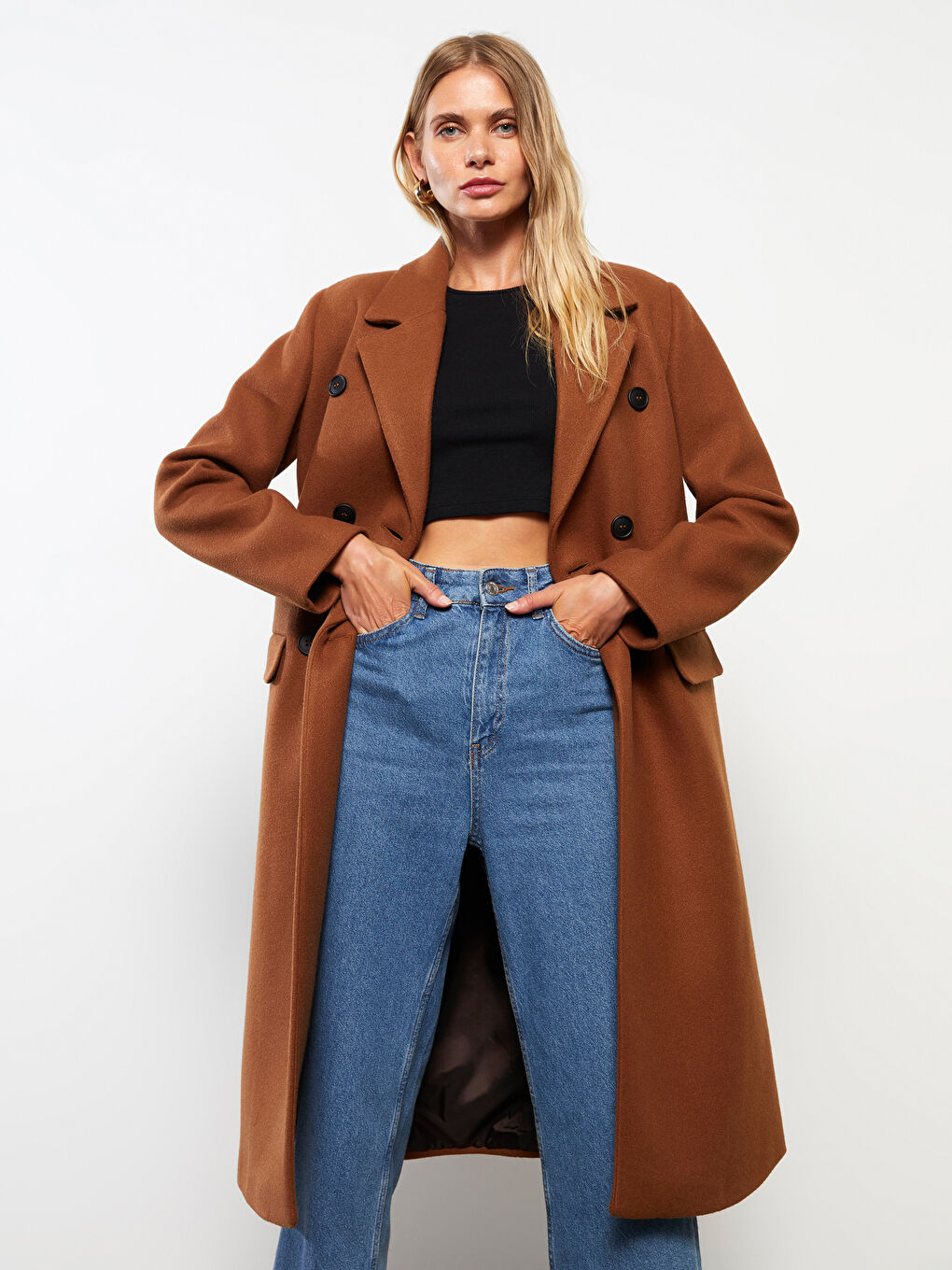 Kahverengi Ceket Yaka Kadın Kaşe Kaban-3