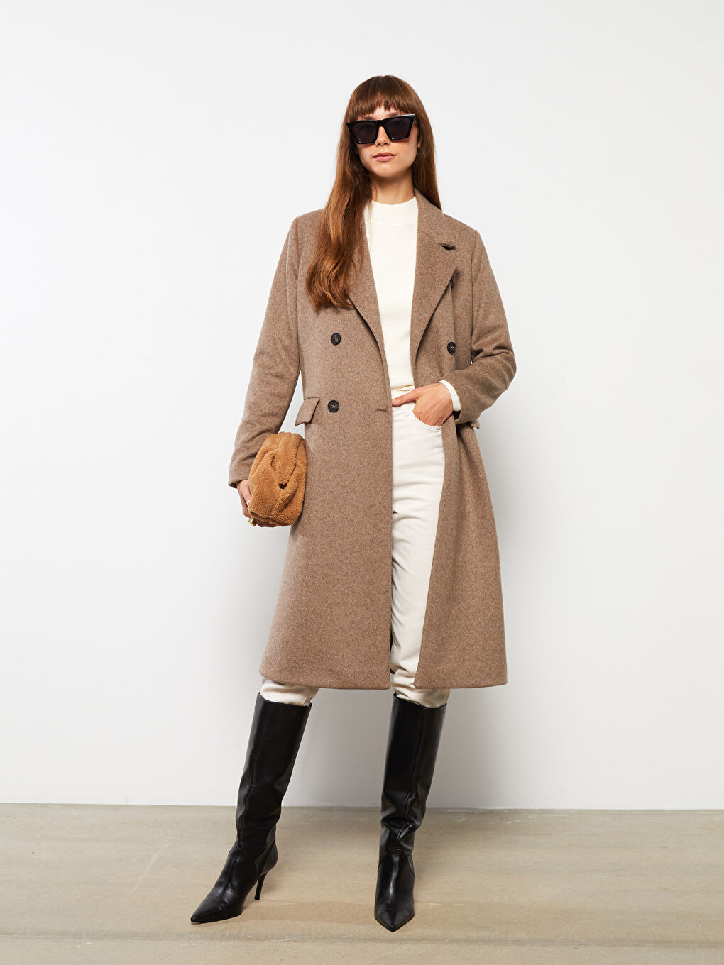 Kahverengi Ceket Yaka Kadın Kaşe Kaban