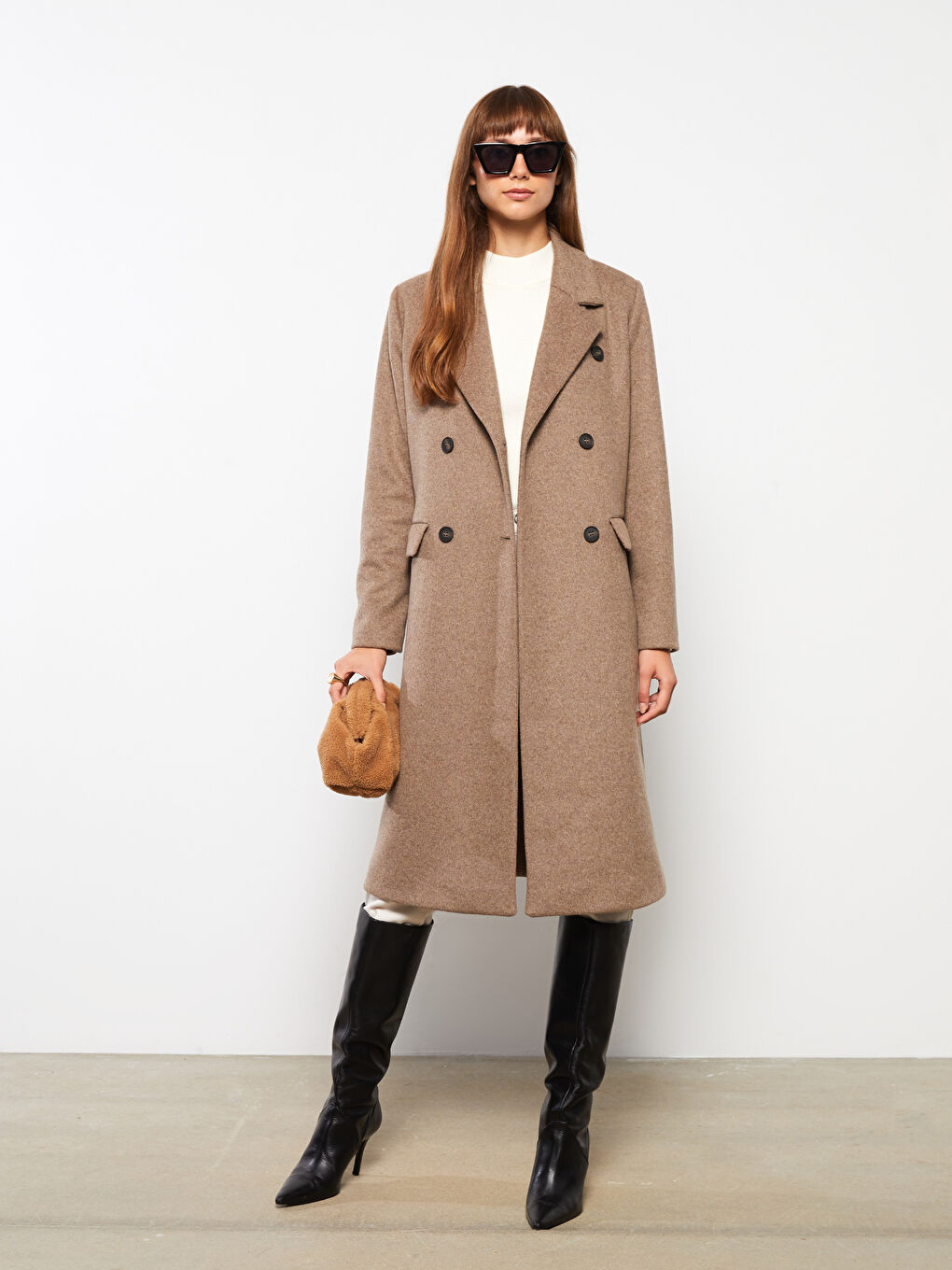 Kahverengi Ceket Yaka Kadın Kaşe Kaban-1