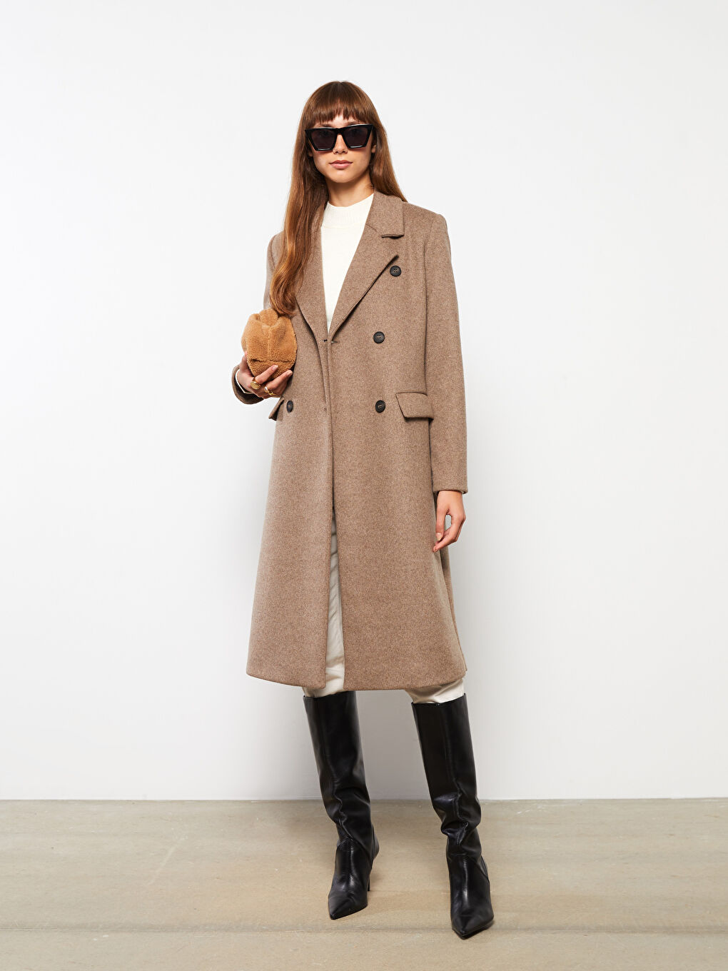 Kahverengi Ceket Yaka Kadın Kaşe Kaban-2