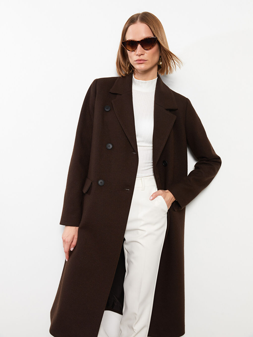 Kahverengi Ceket Yaka Kadın Kaşe Kaban