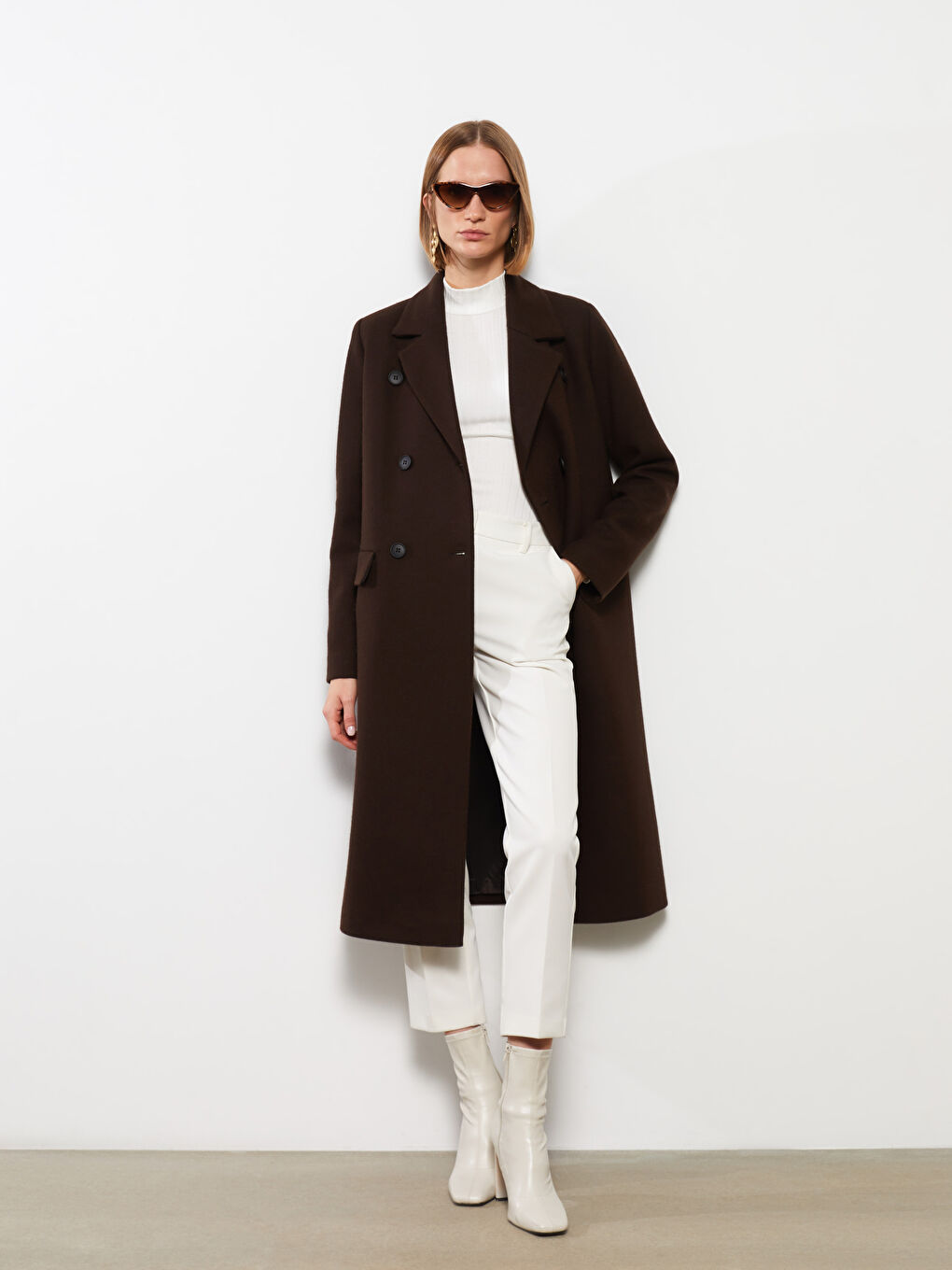 Kahverengi Ceket Yaka Kadın Kaşe Kaban-1