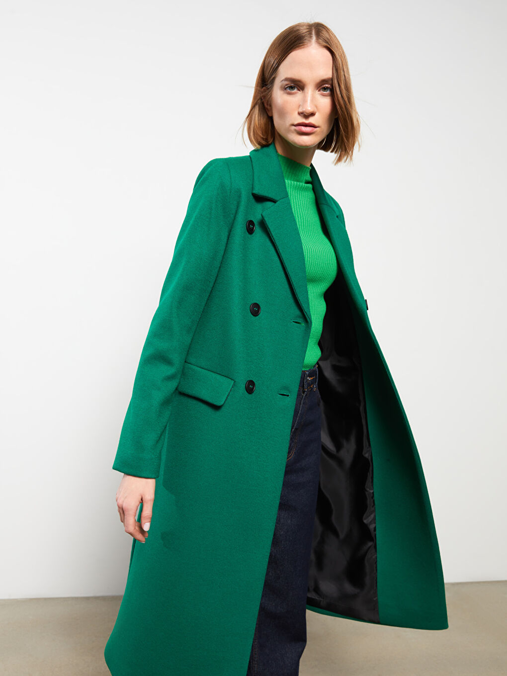 Yeşil Ceket Yaka Kadın Kaşe Kaban