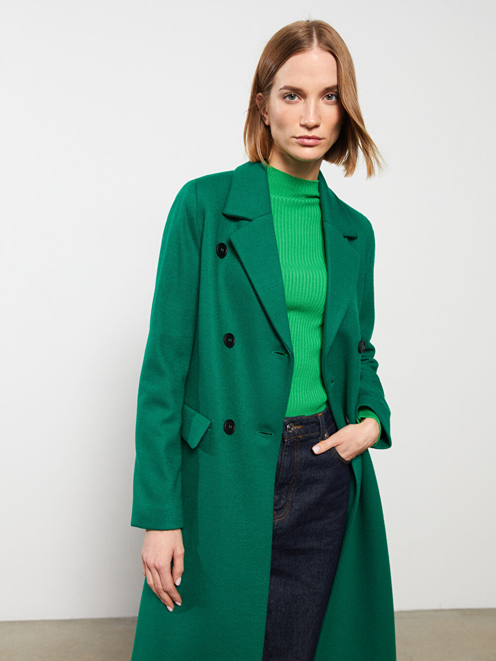 Yeşil Ceket Yaka Kadın Kaşe Kaban-1