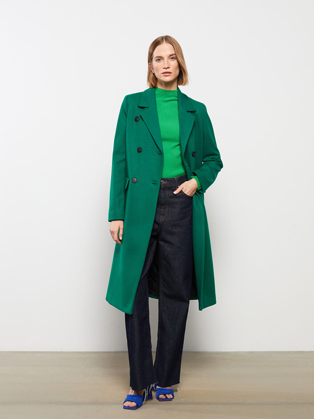 Yeşil Ceket Yaka Kadın Kaşe Kaban-2