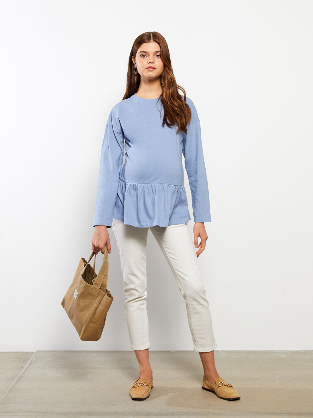 Tricou gravide din bumbac, guler rotund, mânecă lungă, simplu-1