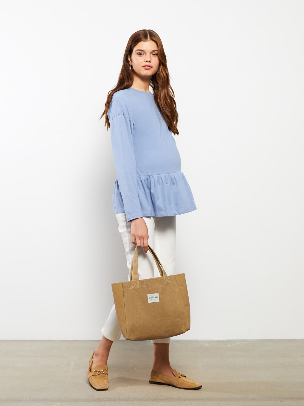 Tricou gravide din bumbac, guler rotund, mânecă lungă, simplu-2