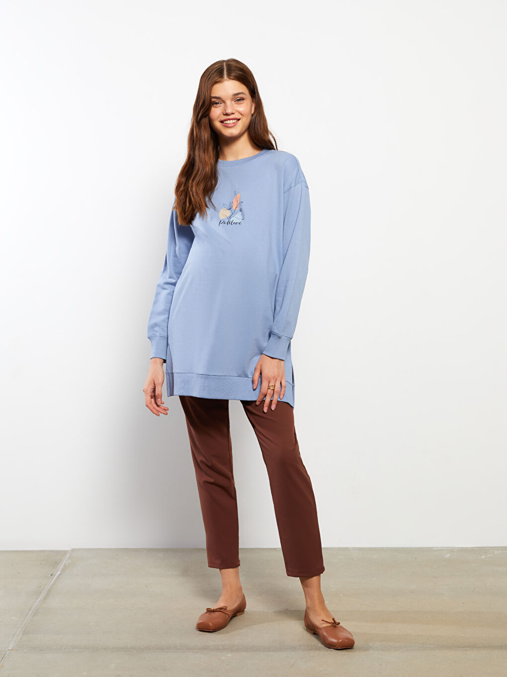 Tunică tip hanorac imprimată cu mânecă lungă și guler rotund pentru gravide