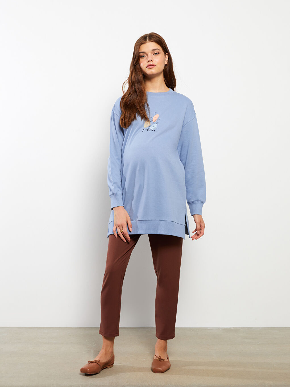 Tunică tip hanorac imprimată cu mânecă lungă și guler rotund pentru gravide-1