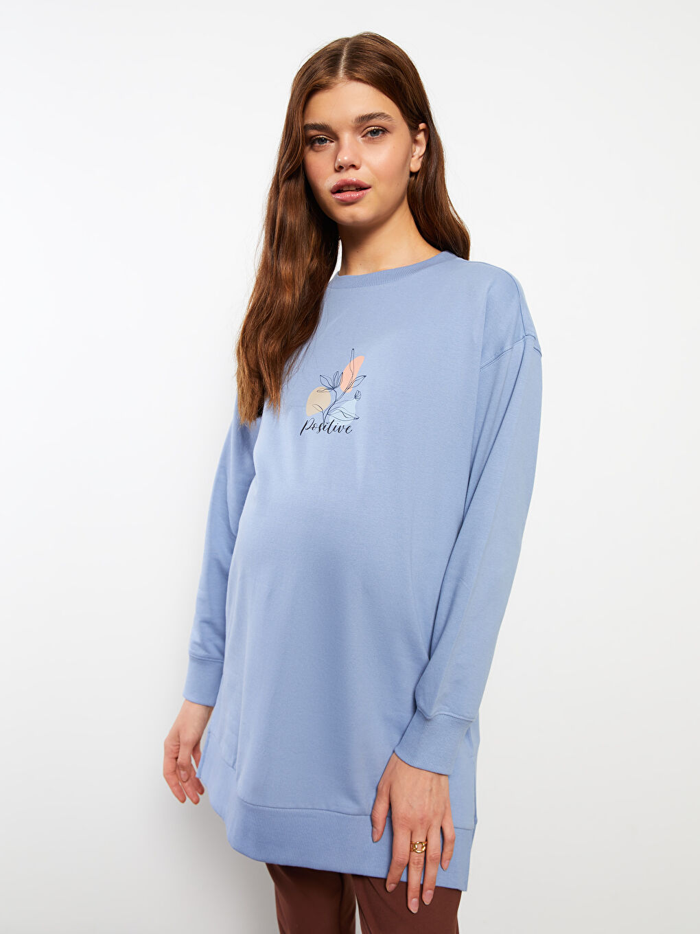 Tunică tip hanorac imprimată cu mânecă lungă și guler rotund pentru gravide-2