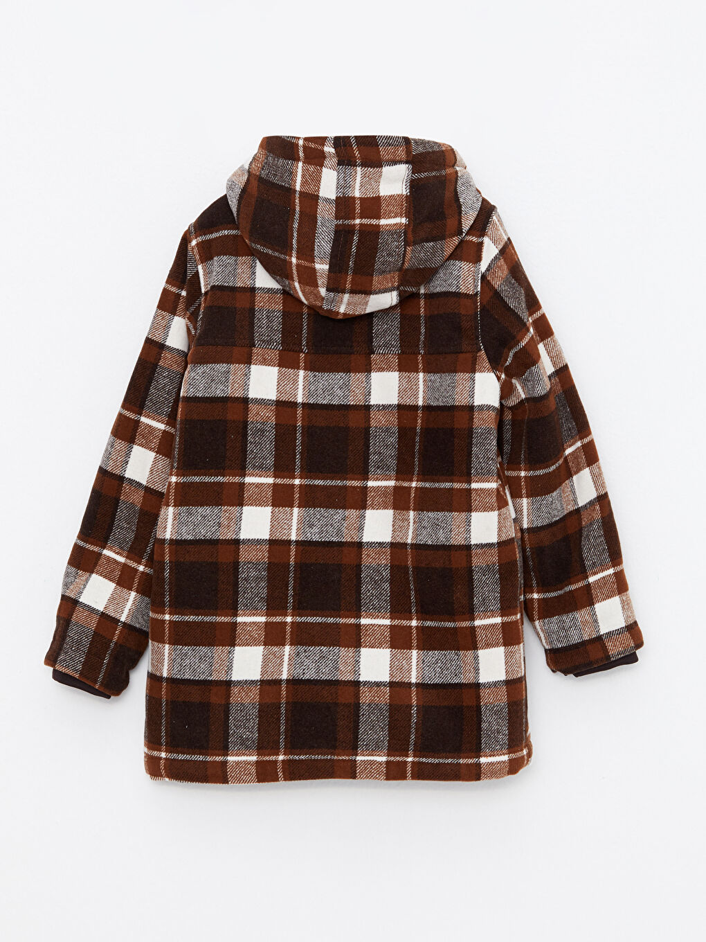 Kahverengi Kapüşonlu Ekose Desenli Erkek Çocuk Kaşe Kaban-1