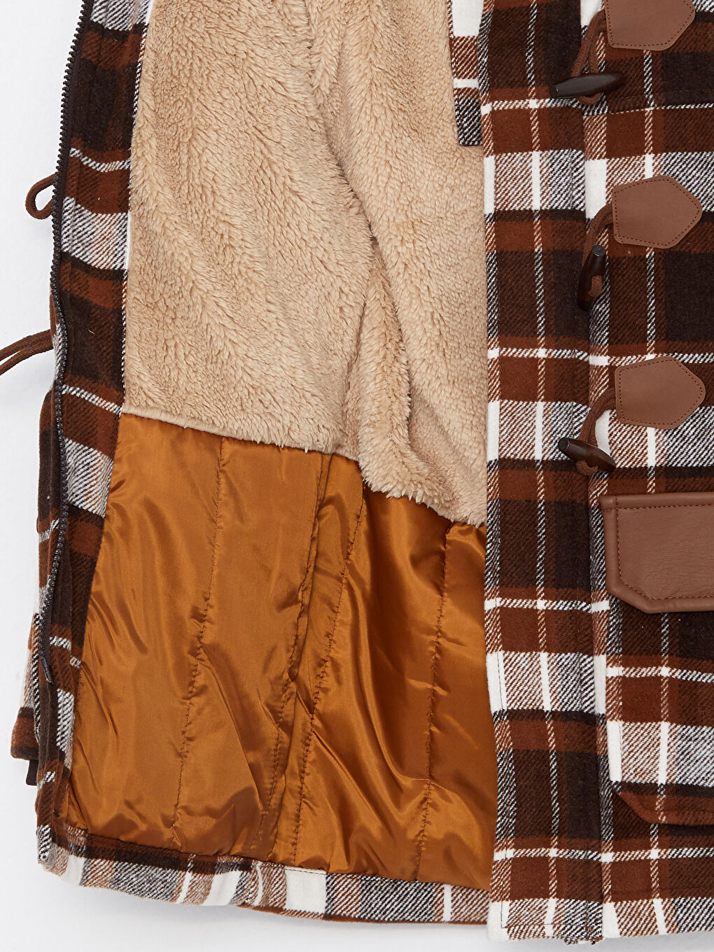 Kahverengi Kapüşonlu Ekose Desenli Erkek Çocuk Kaşe Kaban-2