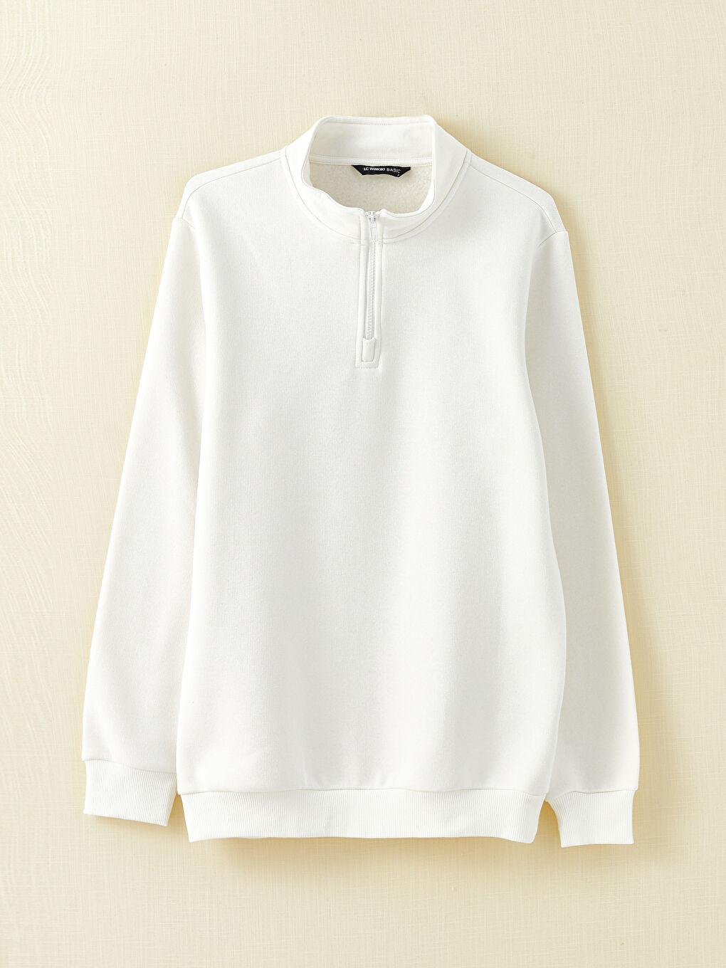 Ekru Dik Yaka Uzun Kollu Erkek Kalın Sweatshirt-8