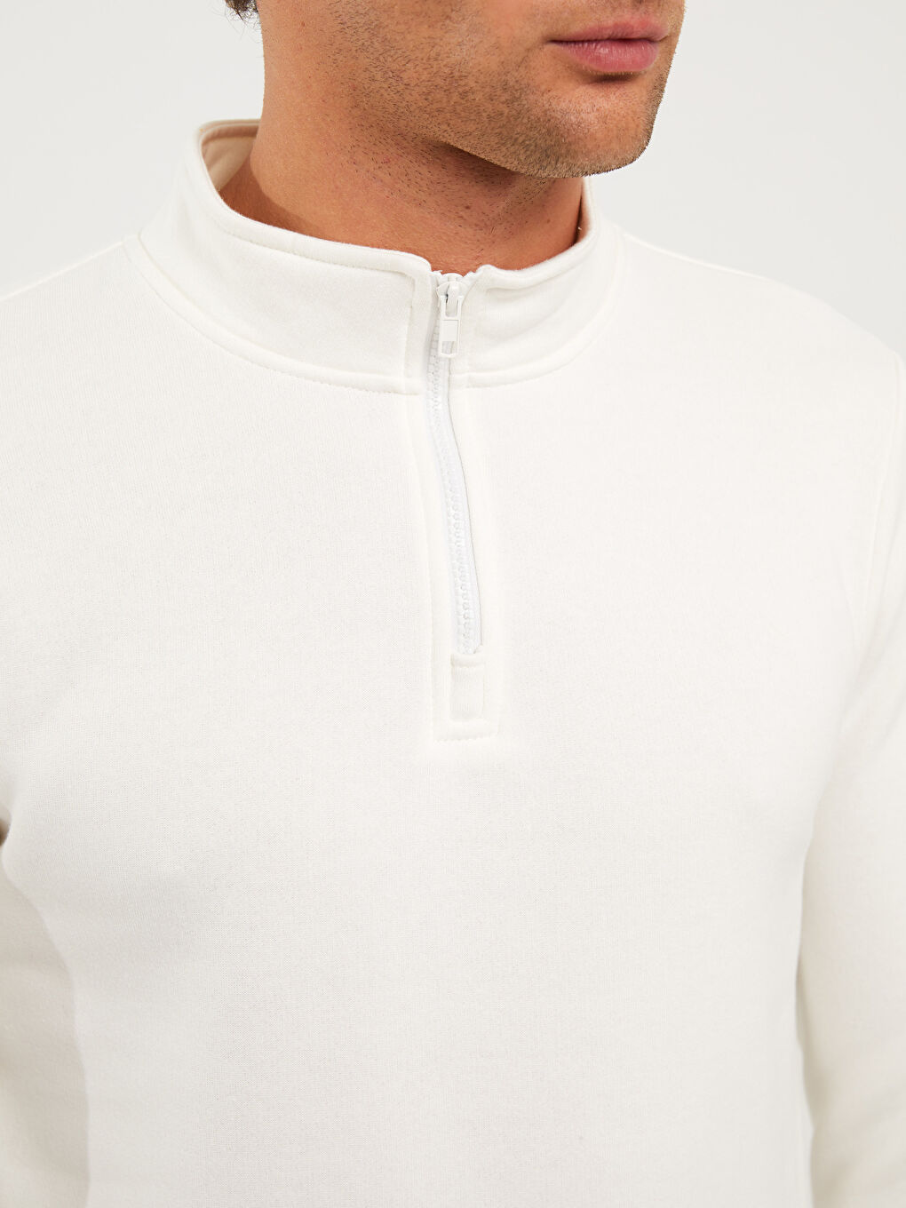 Ekru Dik Yaka Uzun Kollu Erkek Kalın Sweatshirt-6