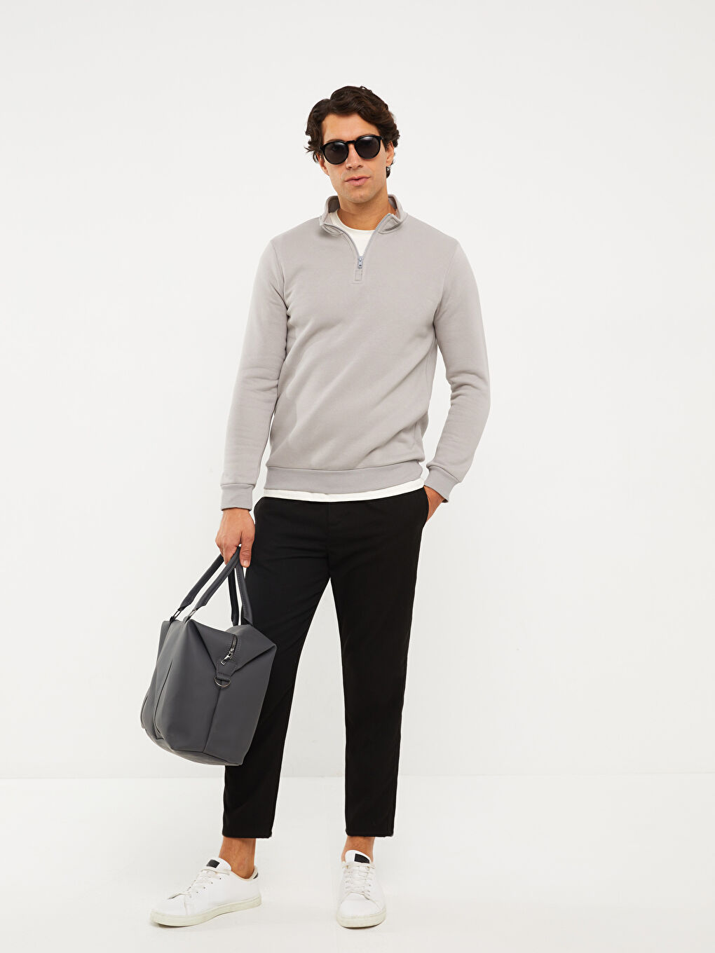 Gri Dik Yaka Uzun Kollu Erkek Kalın Sweatshirt-3