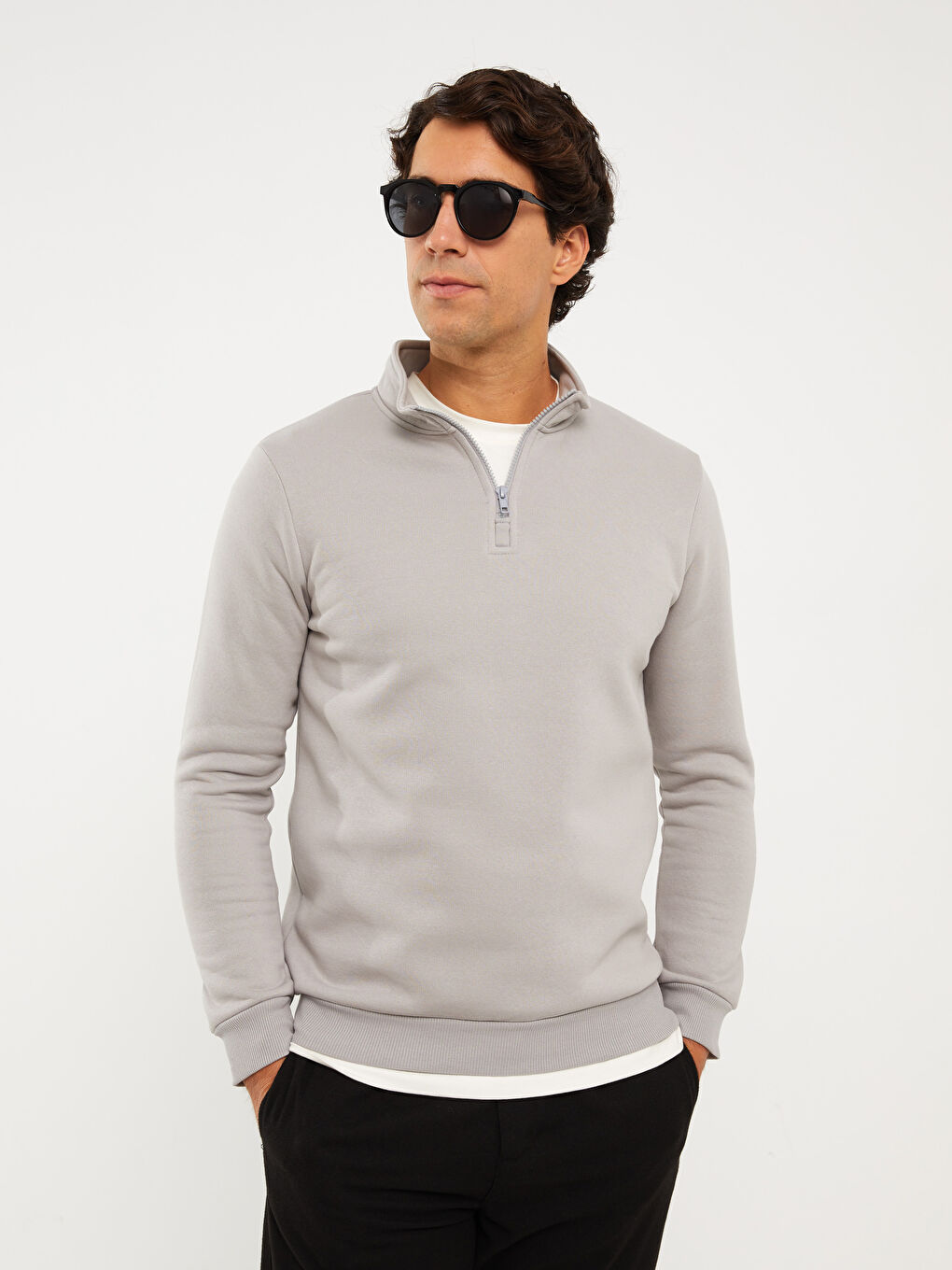 Gri Dik Yaka Uzun Kollu Erkek Kalın Sweatshirt-4