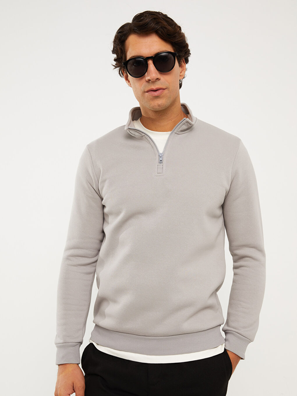 Gri Dik Yaka Uzun Kollu Erkek Kalın Sweatshirt-5