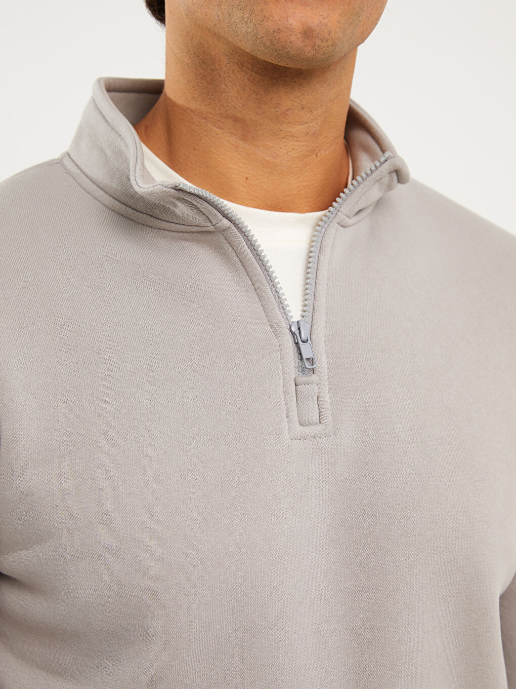 Gri Dik Yaka Uzun Kollu Erkek Kalın Sweatshirt-6