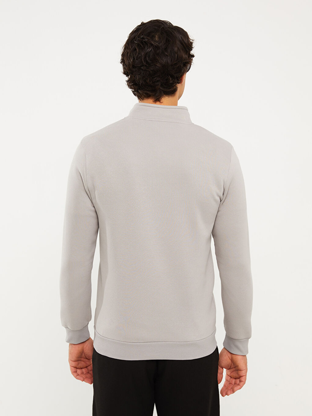 Gri Dik Yaka Uzun Kollu Erkek Kalın Sweatshirt-7