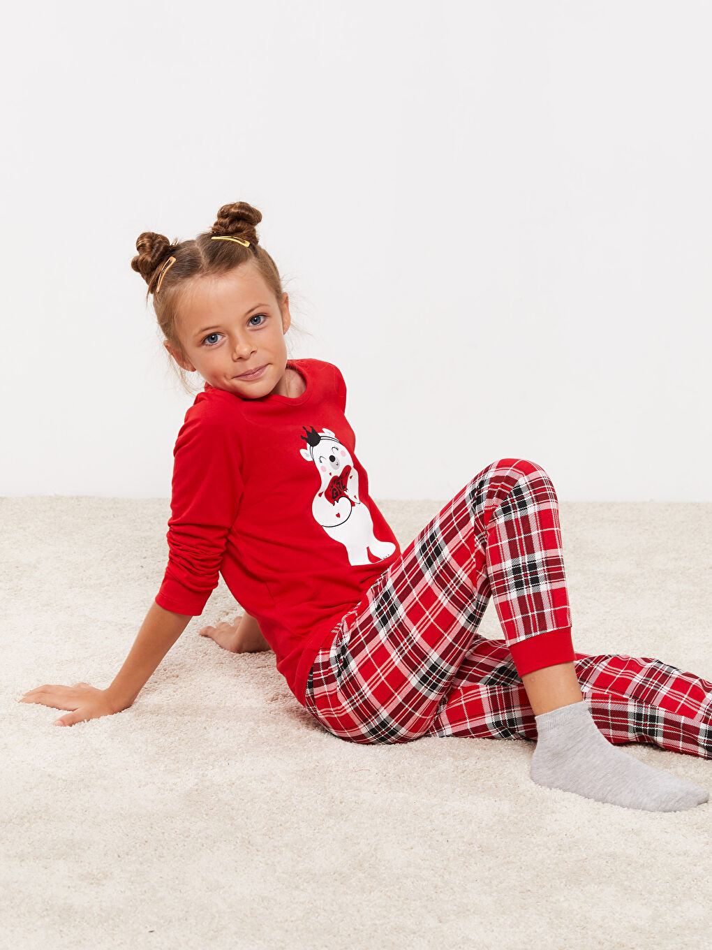 Crew Neck Printed Long Sleeve Girls' Pyjama Set-2