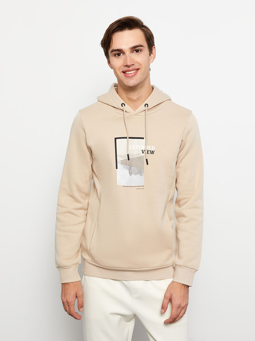 LCW Casual Bej Uzun Kollu Baskılı Erkek Kalın Hoodie