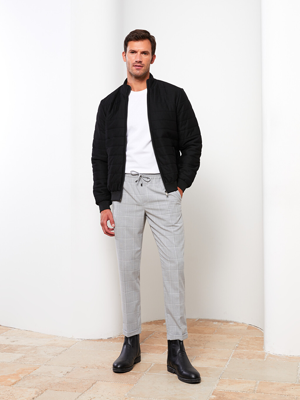Gri Slim Fit Ekose Erkek Pantolon