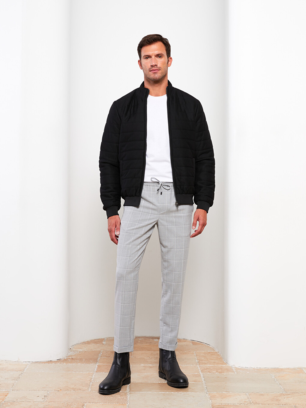 Gri Slim Fit Ekose Erkek Pantolon-1