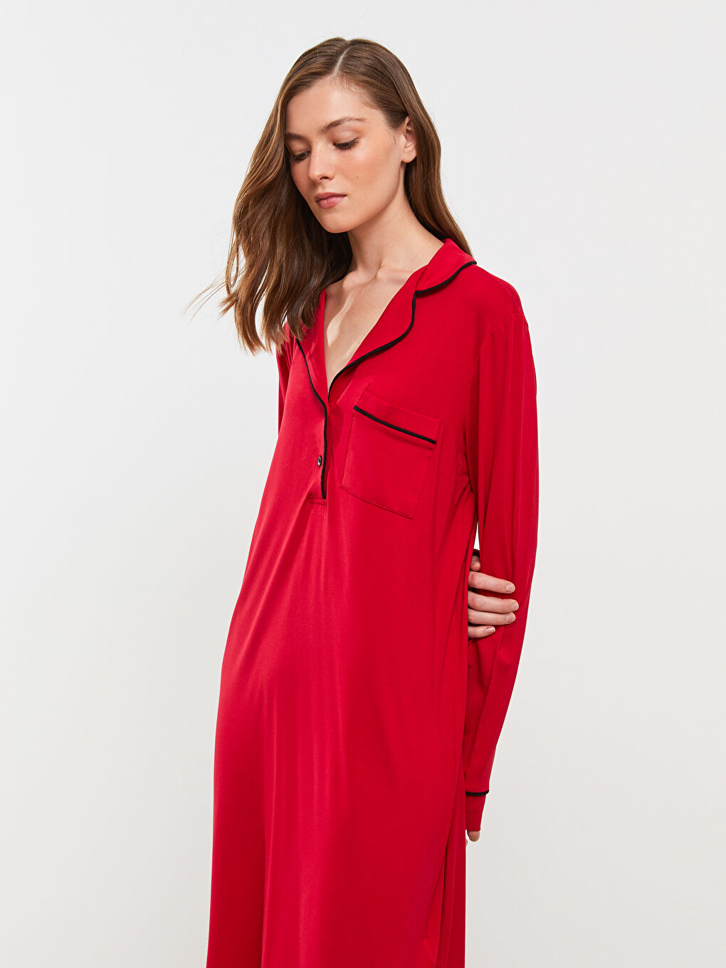 Kırmızı Gömlek Yaka Yılbaşı Temalı Uzun Kollu Kadın Gecelik-2