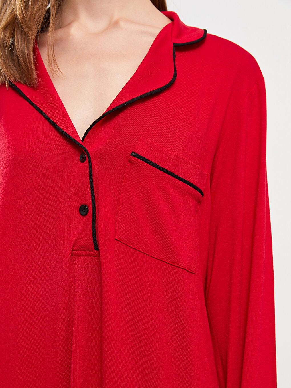 Kırmızı Gömlek Yaka Yılbaşı Temalı Uzun Kollu Kadın Gecelik-3