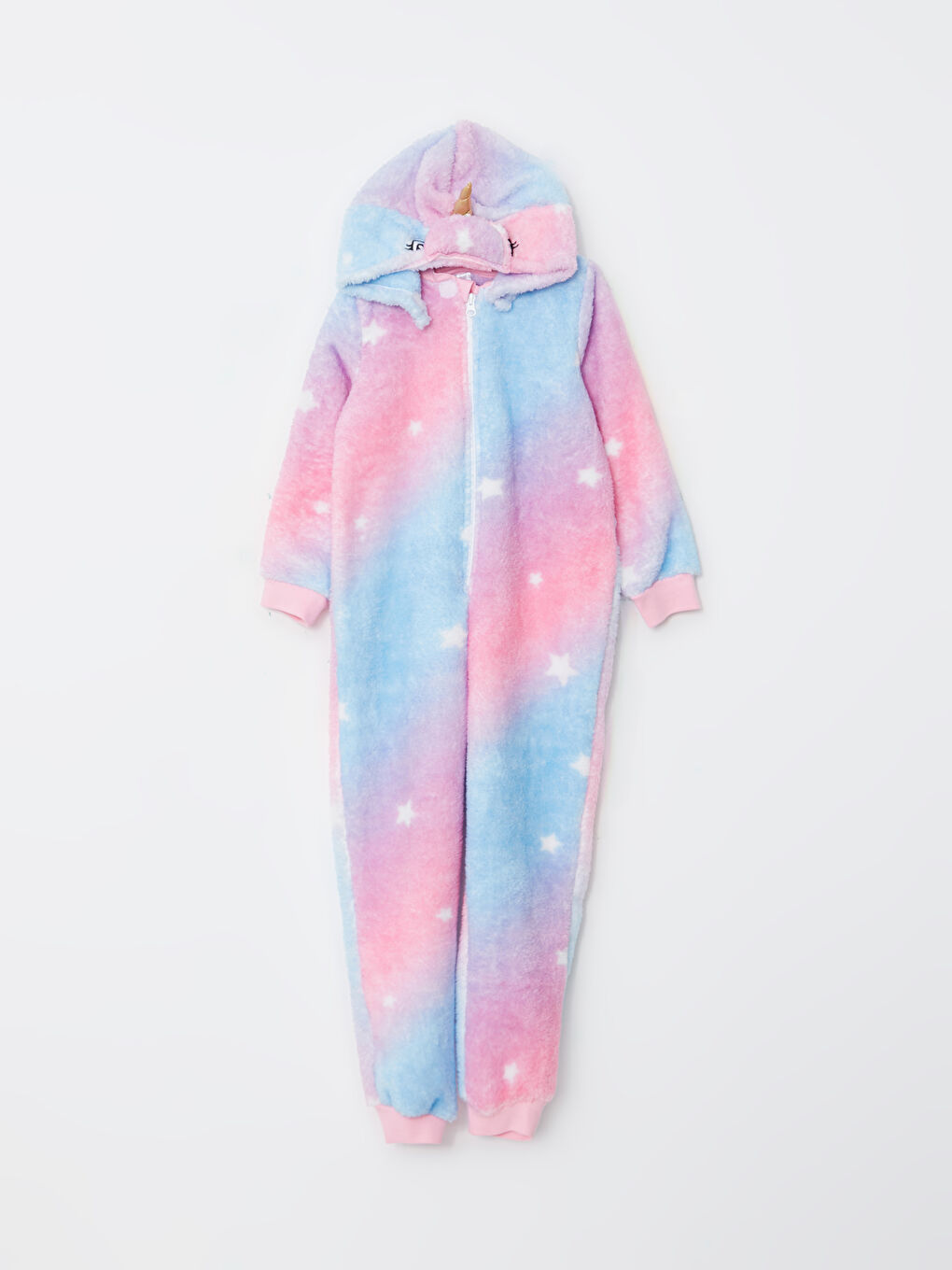 Beyaz Kapüşonlu Desenli Uzun Kollu Pelüş Kız Çocuk Uyku Tulumu