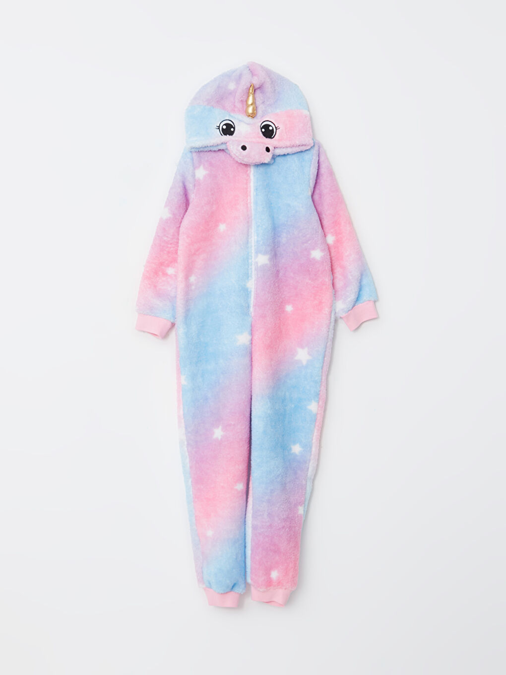 Beyaz Kapüşonlu Desenli Uzun Kollu Pelüş Kız Çocuk Uyku Tulumu-1