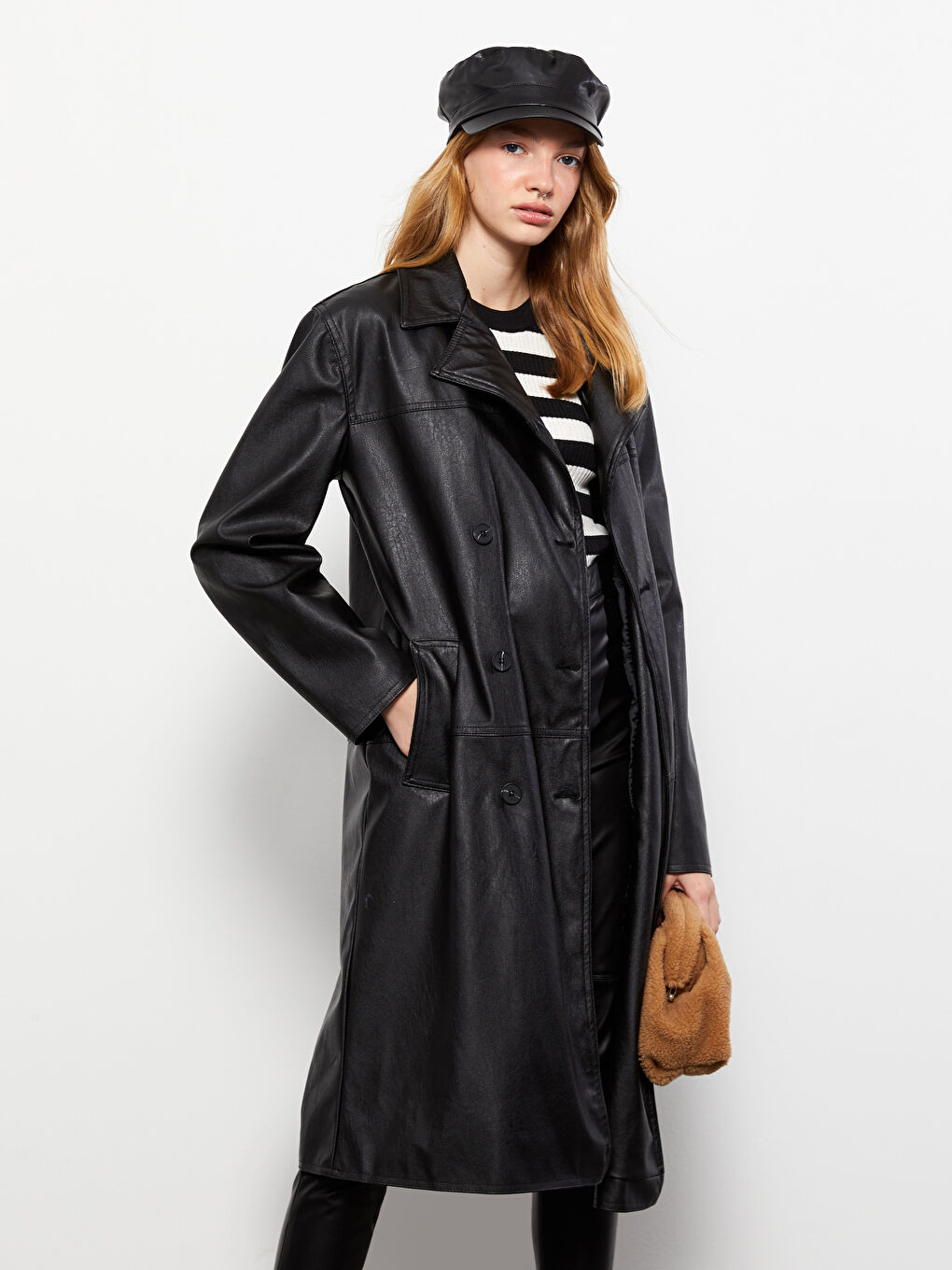 Jacket Neck Women's Faux Leather Coat-2