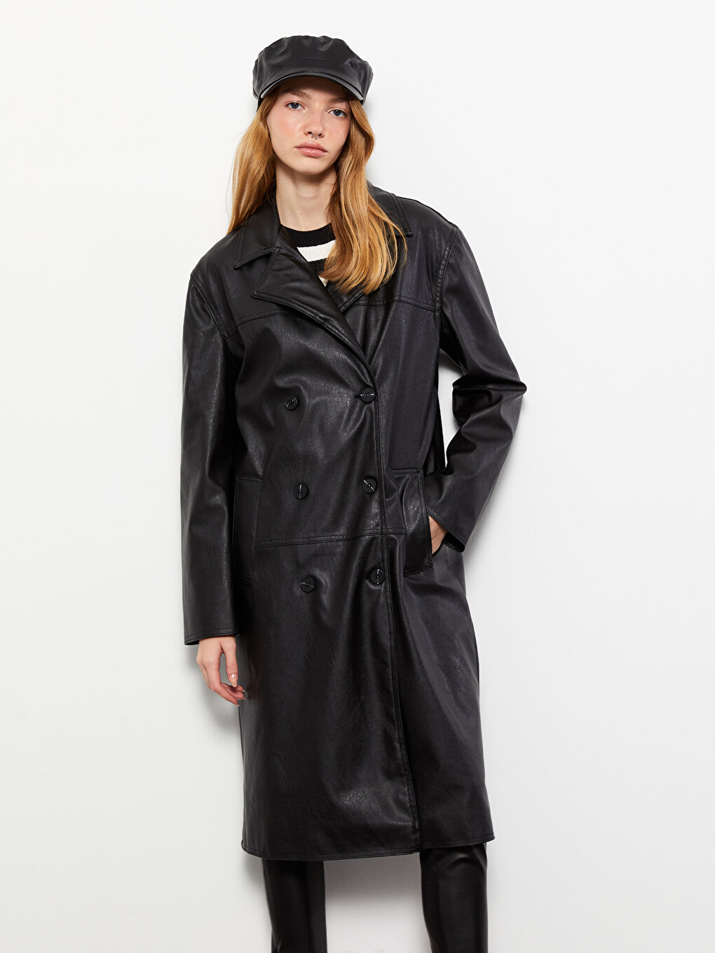 Jacket Neck Women's Faux Leather Coat-3