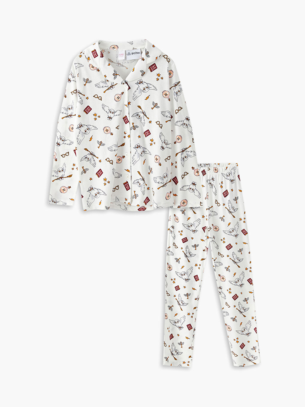 Ekru Gömlek Yaka Harry Potter Desenli Uzun Kollu Kız Çocuk Pijama Takımı