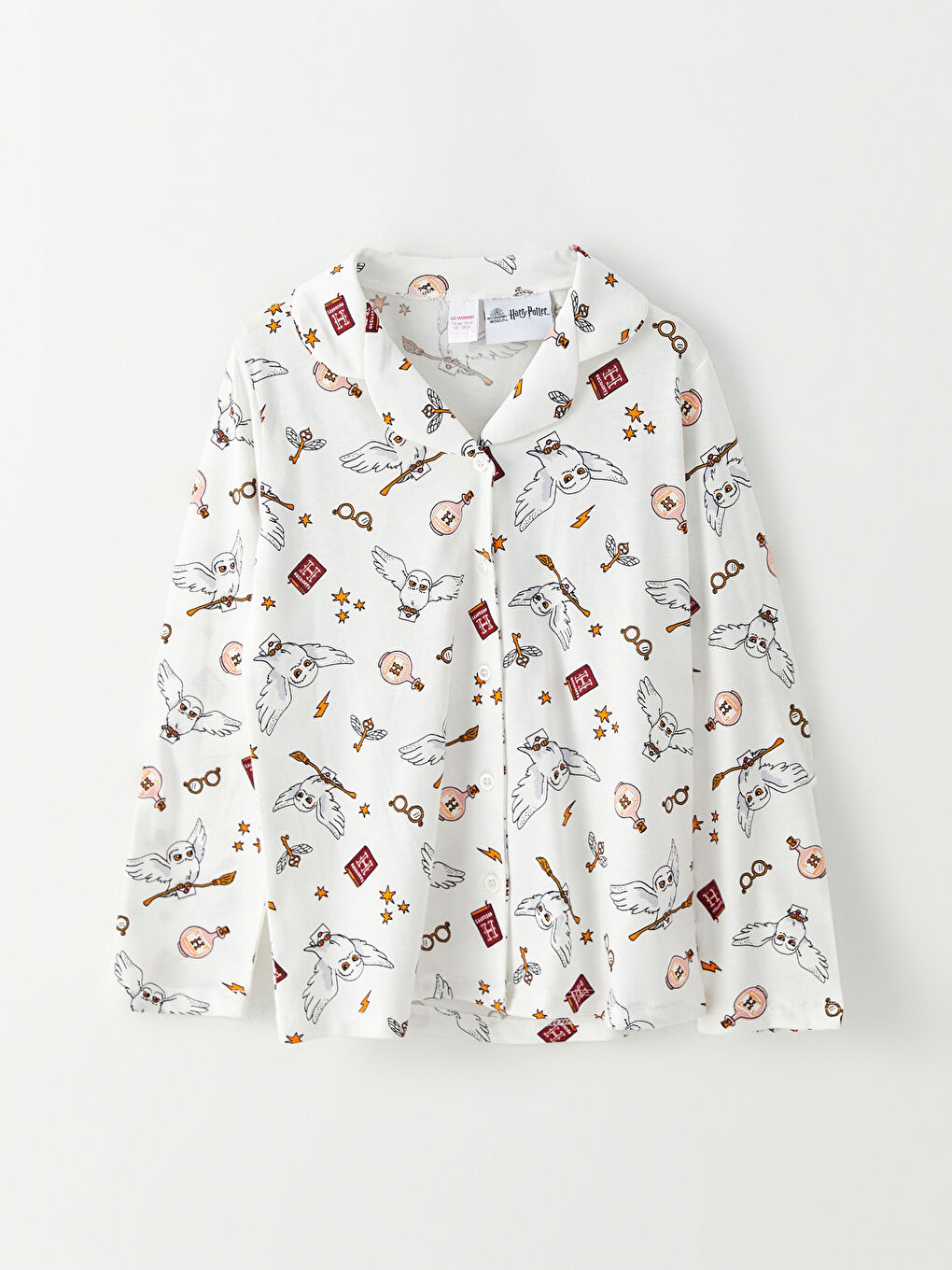 Ekru Gömlek Yaka Harry Potter Desenli Uzun Kollu Kız Çocuk Pijama Takımı-1