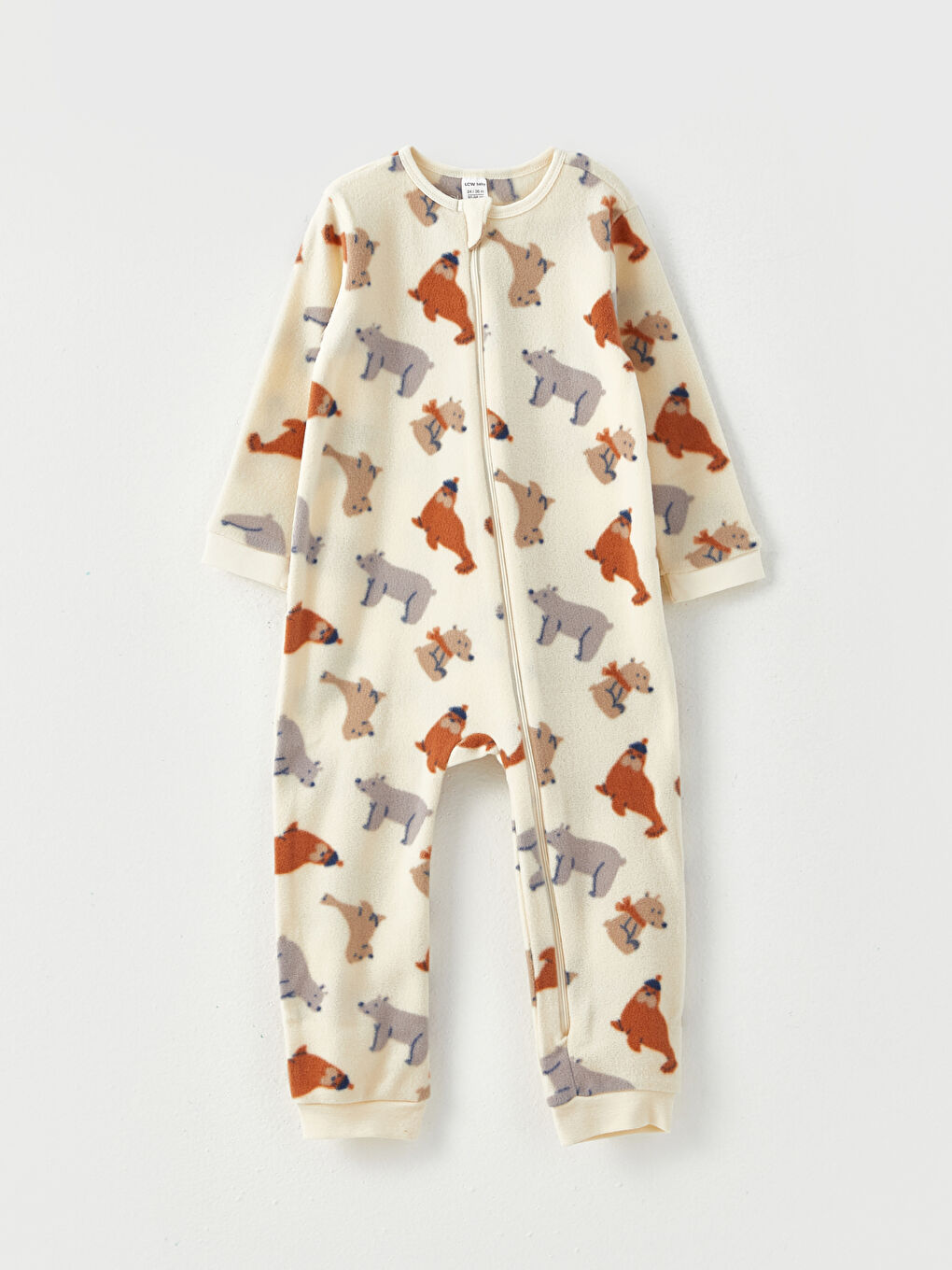 Ekru Bisiklet Yaka Uzun Kollu Baskılı Polar Erkek Bebek Tulum