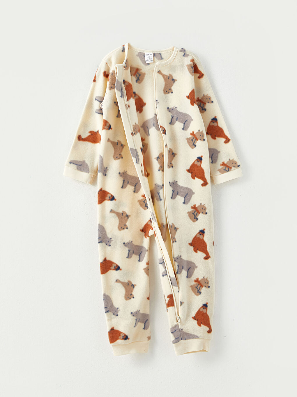 Ekru Bisiklet Yaka Uzun Kollu Baskılı Polar Erkek Bebek Tulum-1