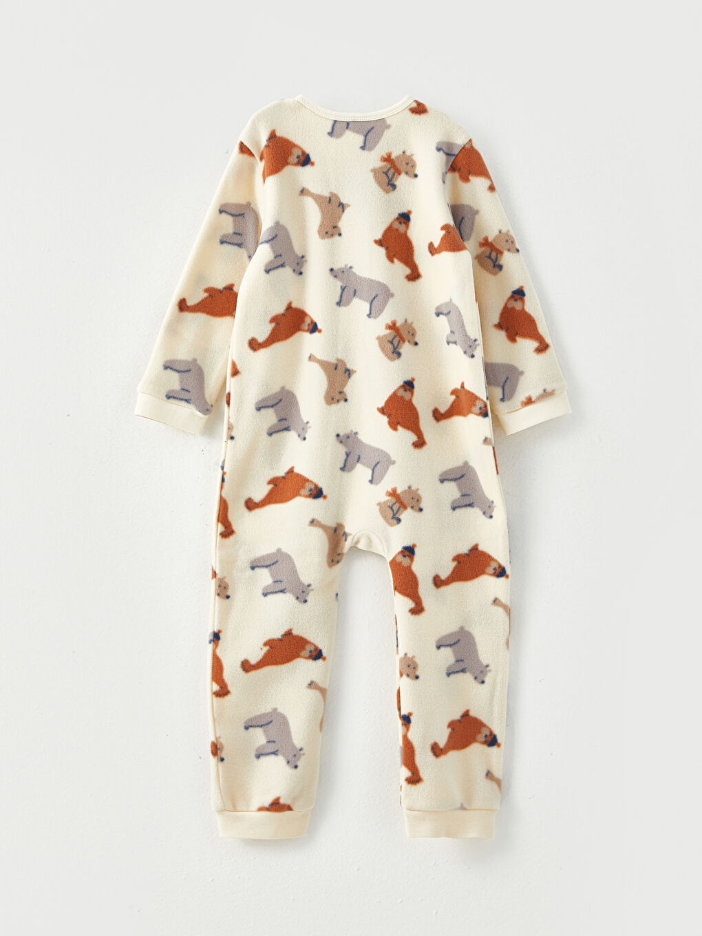 Ekru Bisiklet Yaka Uzun Kollu Baskılı Polar Erkek Bebek Tulum-2