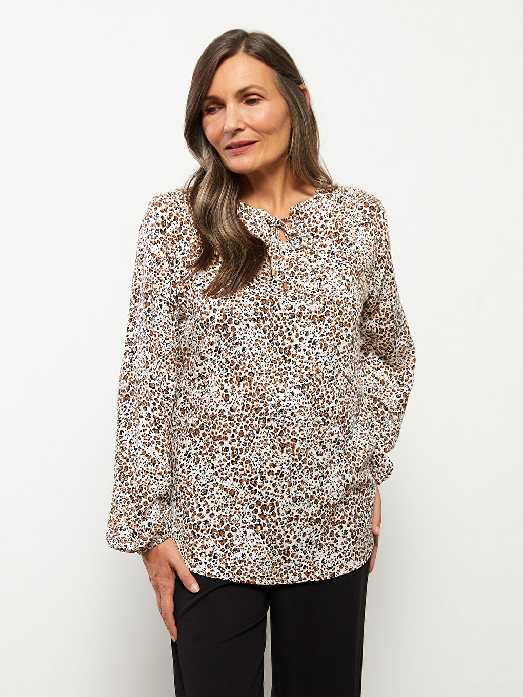 Tie Neck Patterned Long Sleeve Viscose Women's Blouse-2