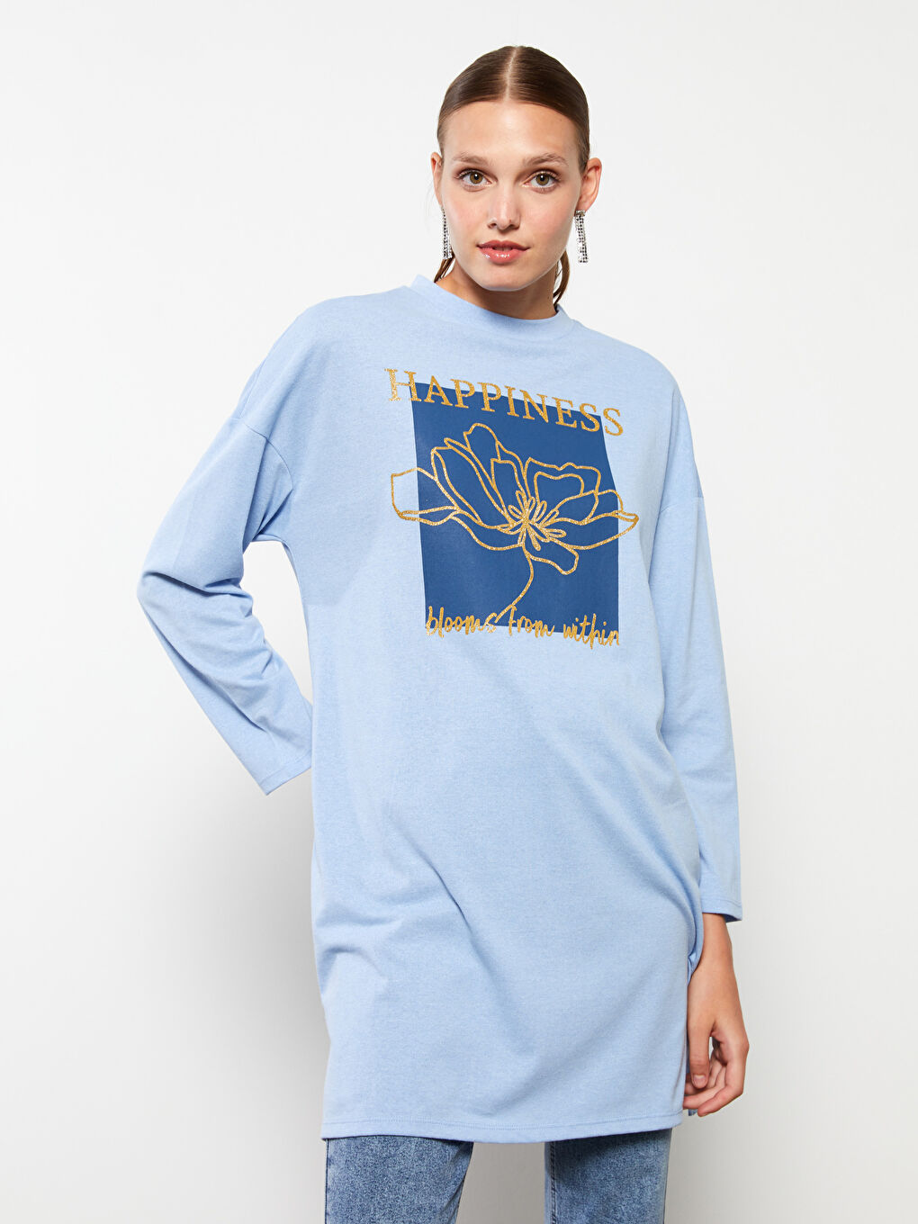 Mavi Bisiklet Yaka Baskılı Uzun Kollu Kadın Tunik