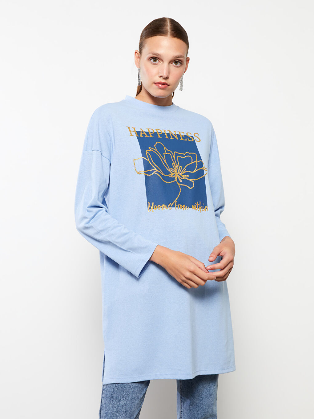 Mavi Bisiklet Yaka Baskılı Uzun Kollu Kadın Tunik-1