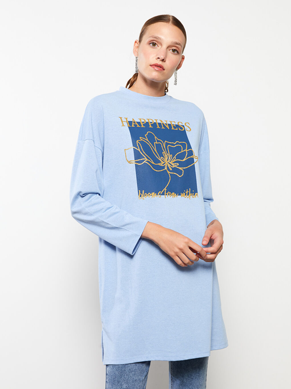 Mavi Bisiklet Yaka Baskılı Uzun Kollu Kadın Tunik-2