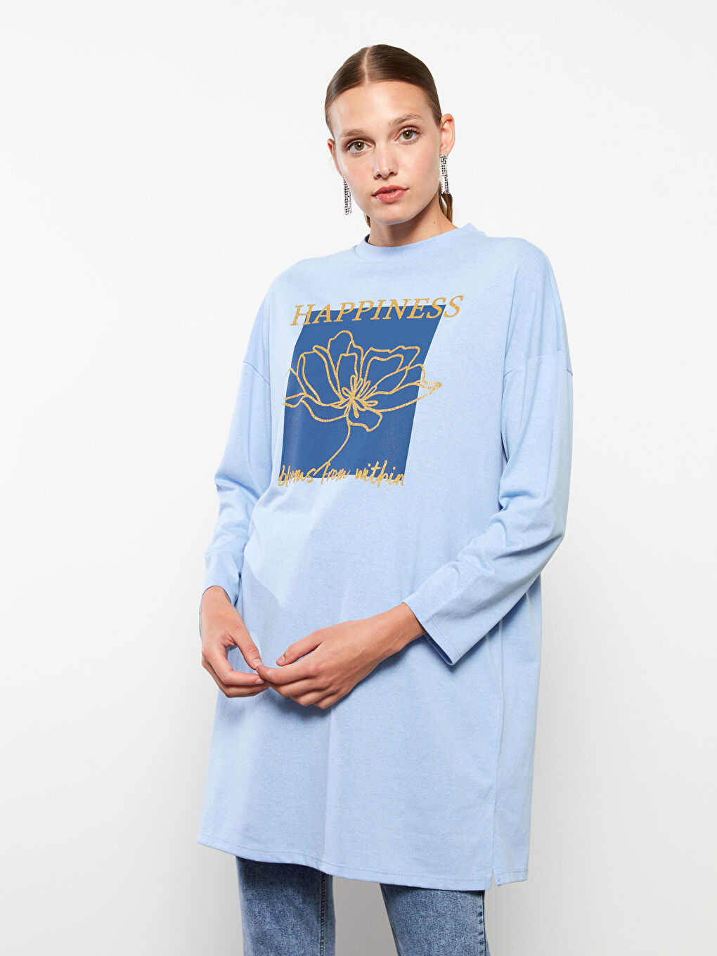 Mavi Bisiklet Yaka Baskılı Uzun Kollu Kadın Tunik-3